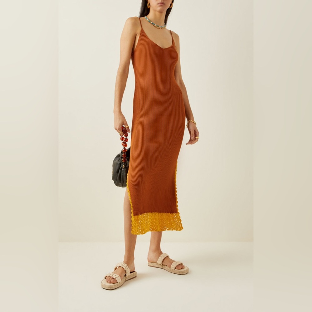 Staud Ribbed Knit Midi Dress - Pleasanton Crochet Trim - XS